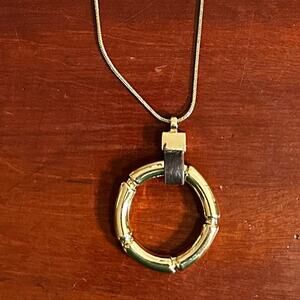 White House Black Market WHBM Circle Pendant Leather Necklace Gold Long Chain